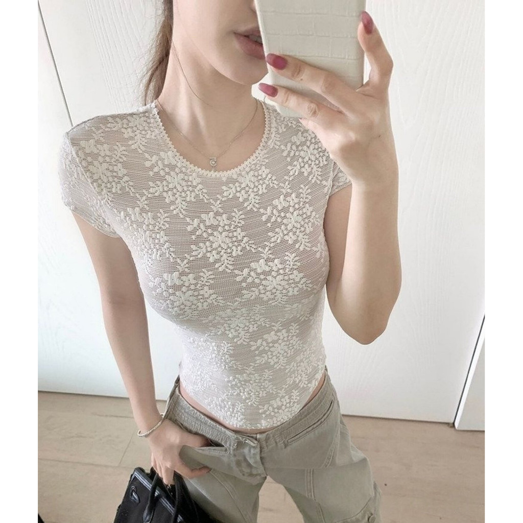 SUXI Áo thun ngắn tay ren mềm mại phong cách Hàn Quốc cho mùa hè 260330