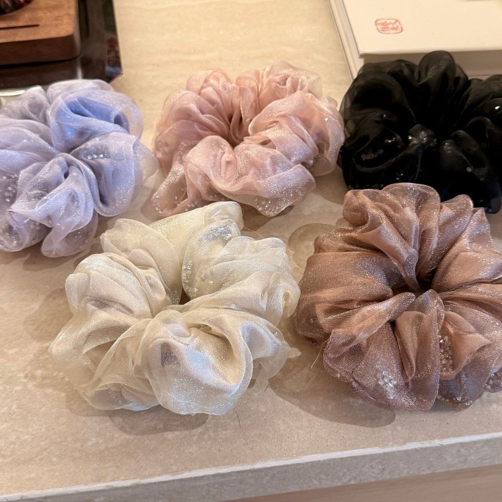 Dây buộc tóc lưới hai lớp phong cách mới, gắn kim cương giả cao cấp organza