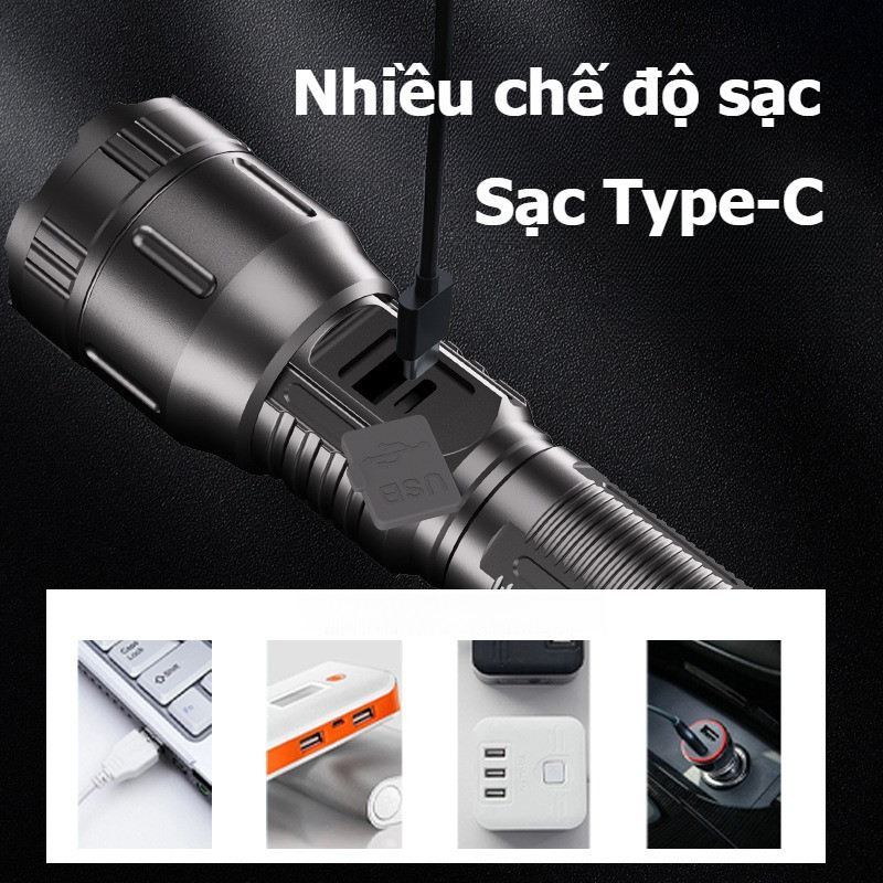 Đèn Pin Siêu Sáng 500m Zoom Xa, Pin 3000mAh, Sạc Type-C, Chống Nước IP65, Dùng Cắm Trại Đi Bộ Câu Cá