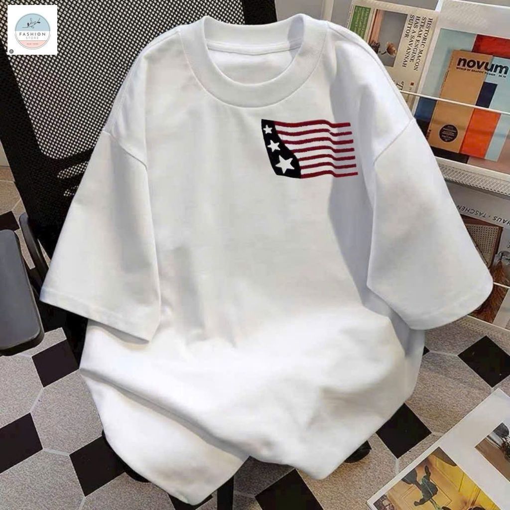 Áo phông unisex tay lỡ cotton su mát với Hình lá cờ Mỹ siêu hot,Trẻ trung -quanao94