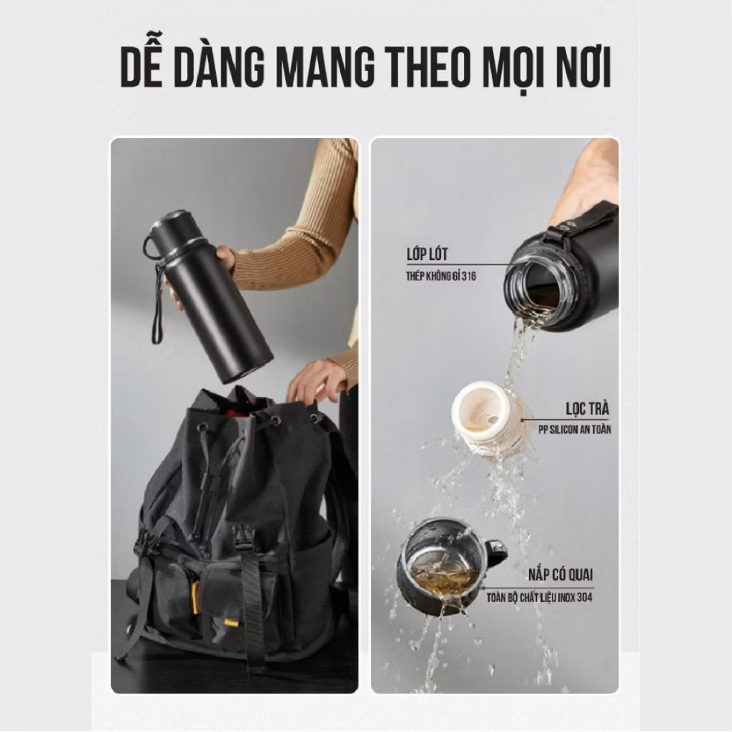 Bình giữ nhiệt lạnh lõi Inox 316: chống gỉ, chống tràn, có nắp lọc trà 600/800/1000ml – tiện dùng