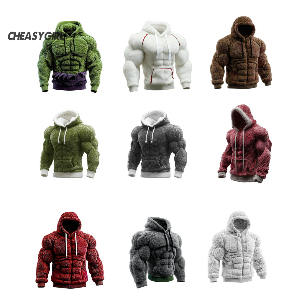 Áo hoodie nam họa tiết cơ bắp 3D in thực tế, ấm áp, phù hợp dạo phố và thời trang đơn giản cho mùa lạnh