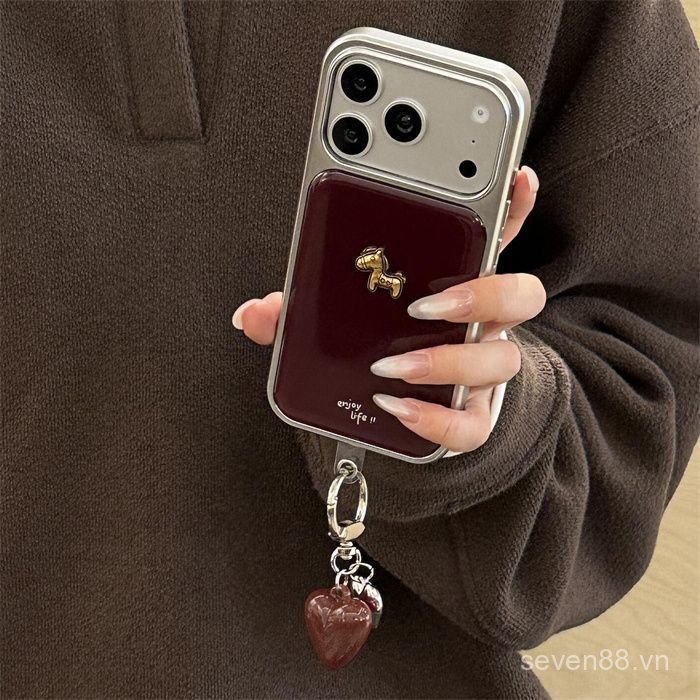 Ốp Điện Thoại Thích Hợp Cho iPhone 11 12 13 14 15 16 17 Pro max Plus Air Burgundy Metal Pony Chain Vỏ Bảo Vệ Chống Sốc Bao Gồm Tất Cả AEG9