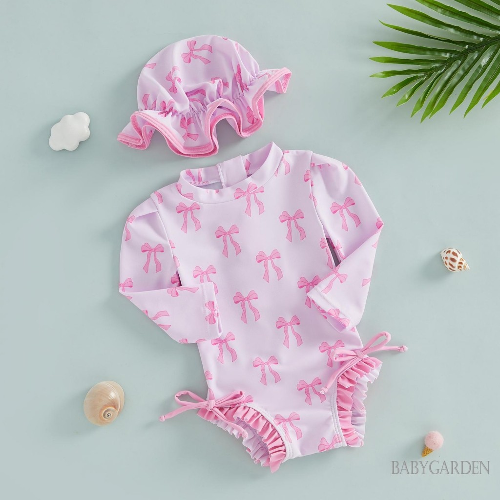 0-24Months Bé Gái Rash Guard Đồ Bơi Tay Dài Hoa / Nơ In Hình Đồ Bơi Xù Có Mũ Cho Bể Bơi Đi Biển