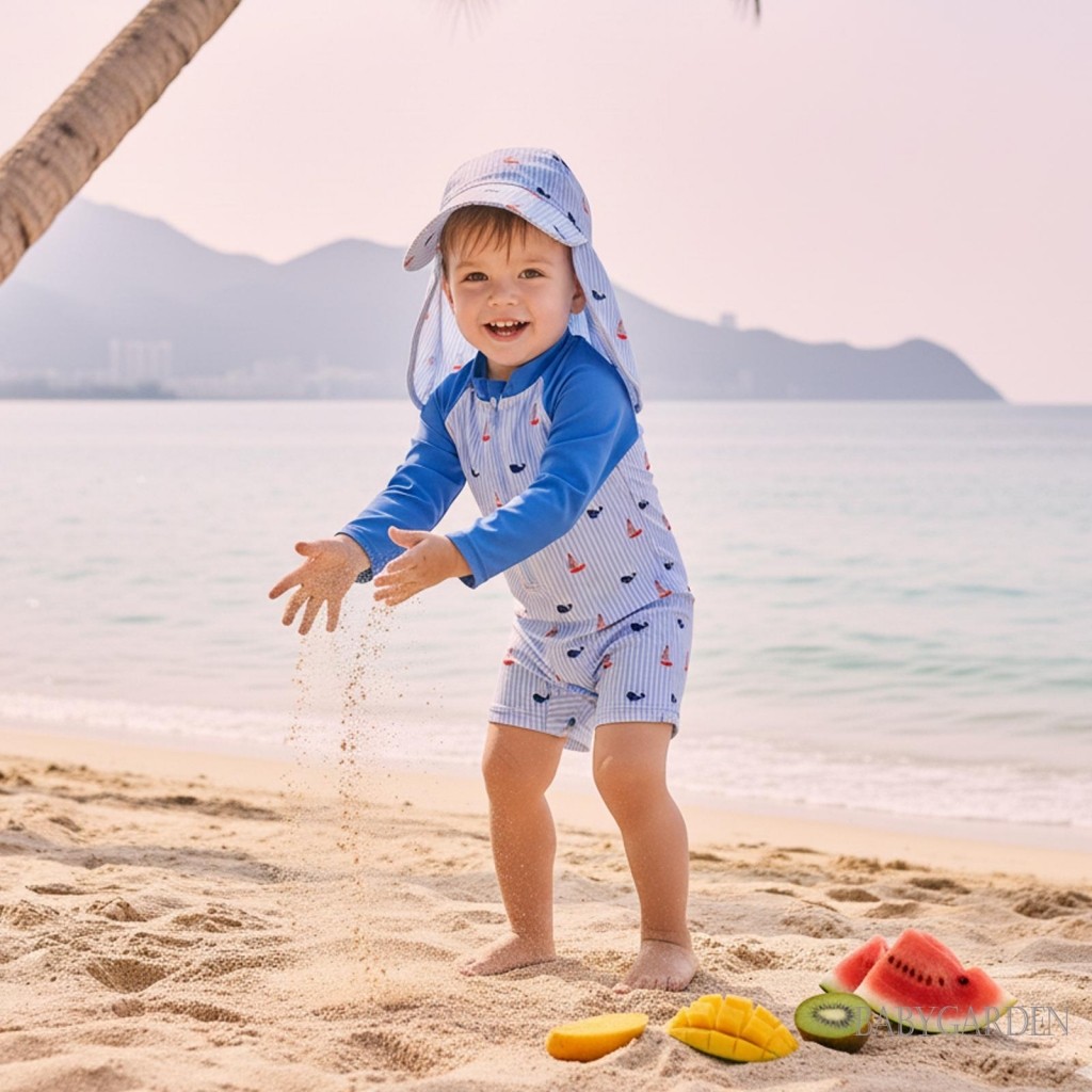 Đồ bơi bảo vệ phát ban cho bé gái có mũ Ong / Dưa hấu / Thuyền buồm In sọc Zip Up Đồ bơi dài tay