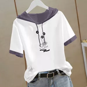 Áo thun cotton nữ mùa hè có mũ trùm đầu, phong cách Hàn Quốc, dáng rộng