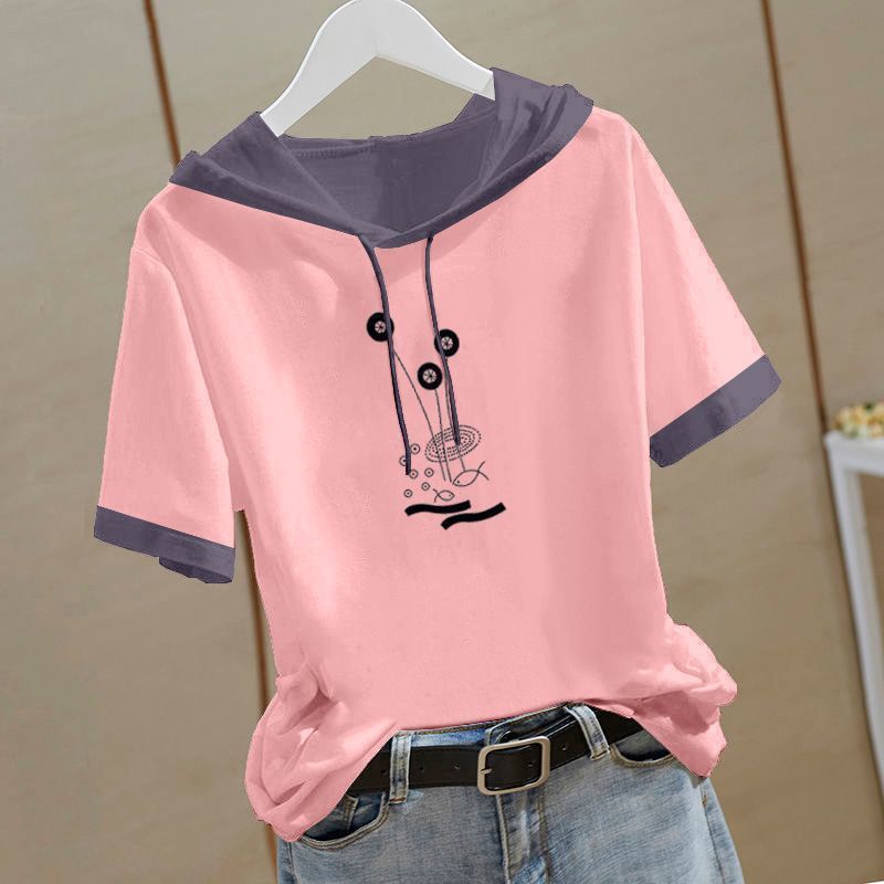 Áo thun cotton nữ mùa hè có mũ trùm đầu, phong cách Hàn Quốc, dáng rộng
