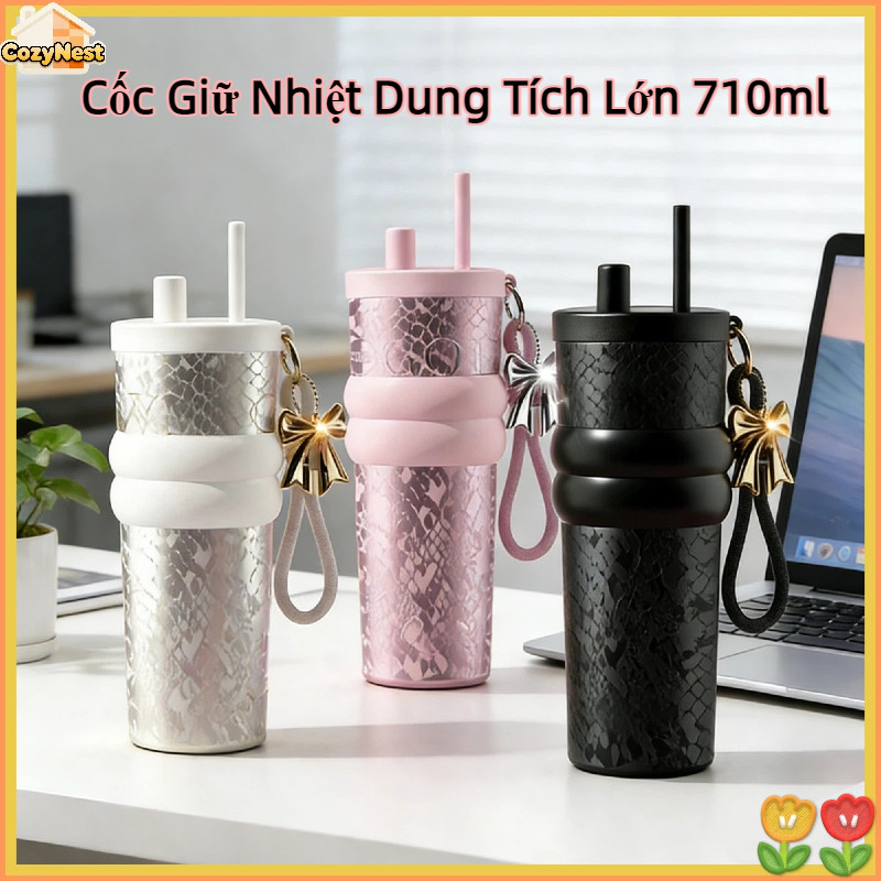 Cốc Giữ Nhiệt Dung Tích Lớn 710ml, Chất Liệu Inox 316 An Toàn,Tặng Kèm Ống Hút Và Dây Mang Tiện Lợi
