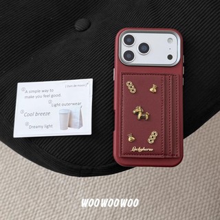 Thời Trang Làm Giàu Đồng Xu Vàng 3D Ngựa Khe Cắm Thẻ Đỏ Túi Da PU Ốp Điện Thoại Cho iPhone 17Promax 17Pro 14 15 16 Pro Max 13 Vỏ Di Động Nữ Chống Sốc