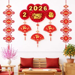 Bộ dây treo Tết 2026 quạt giấy đỏ chữ Phúc Lộc Thọ – Chúc Mừng Năm Mới nhiều mẫu ANGIHOME