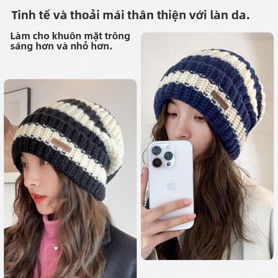 Mũ len nữ sọc chữ rời đầu rộng thu đông - Ấm áp và thời trang