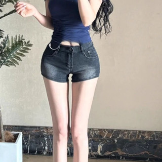 Quần shorts jean nữ đũi cao ống thẳng có đệm mông tôn dáng hông chất liệu co giãn xám xanh vintage