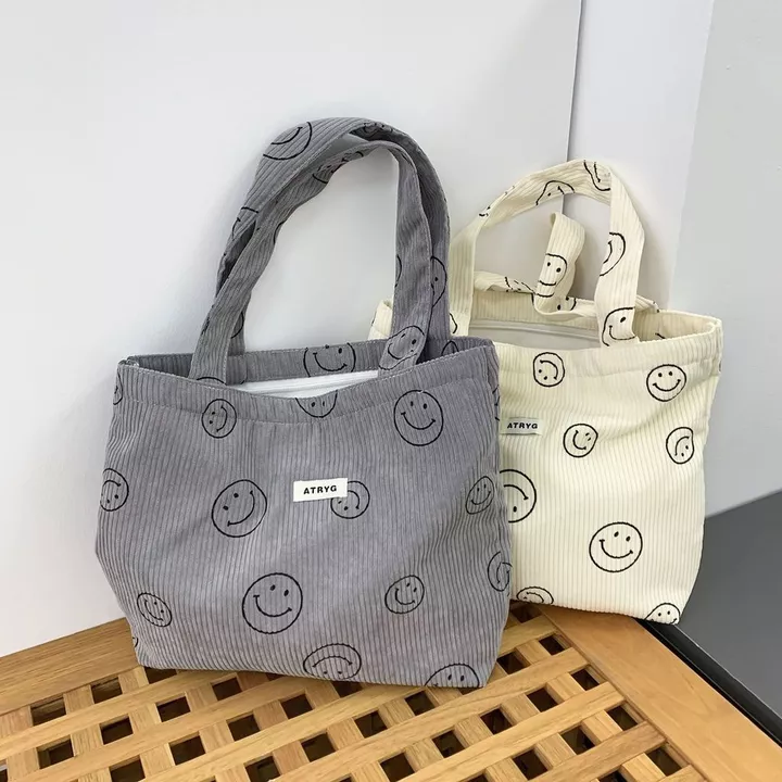 Túi tote vải nhung nụ cười Túi tote vải nhung Túi tote vải nhung Túi đựng đồ ăn trưa Túi đựng sức chứa lớn Túi vải dệt Túi vải Dây kéo Túi thông thường Túi vuôn – 3