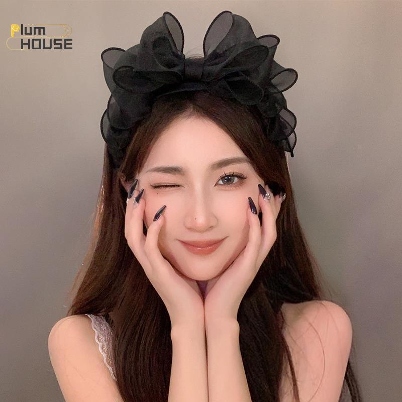 PlumHOUSE Thời trang retro Hàn Quốc - phụ kiện tóc lưới nơ lớn, đường viền xù