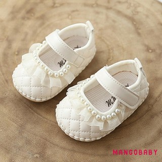 MG-Baby Bé Gái Giày Đế Mềm Chống Trơn Trượt Móc Và Vòng Đóng Ngọc Trai Ren Trang Trí Giày Đi Bộ Đầu Tiên Giày Công Chúa Thoải Mái