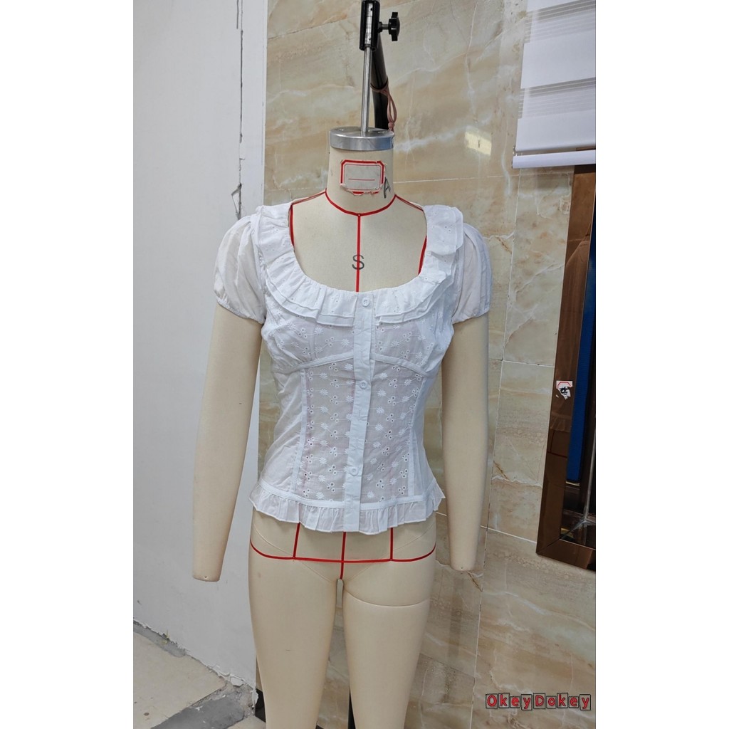 ODokey-Áo thun nữ cổ tròn tay ngắn xù rỗng áo mùa hè