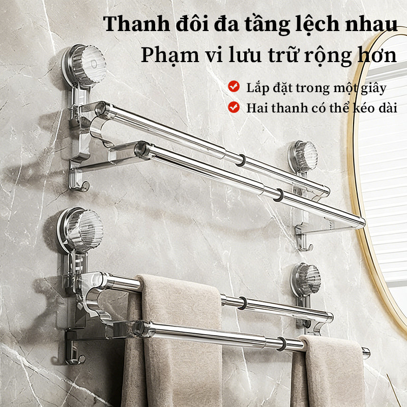 Giá Treo Khăn Nhà Tắm 2 Tầng Hút Chân Không - Không Khoan Đục, Điều Chỉnh Độ Rộng, Treo Khăn Mặt & Khăn Tắm Tiện Lợi