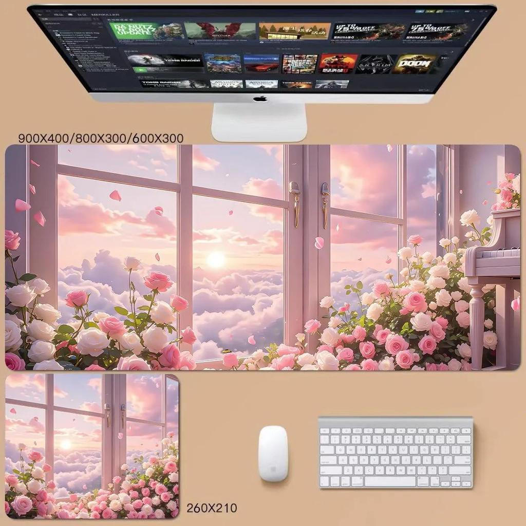Miếng Lót Chuột Lớn Hồng Hoa Hồng - Thảm Để Bàn Chủ Đề Hoa Lãng Mạn, Đế Cao Su Chống Trơn Trượt 3 Mm