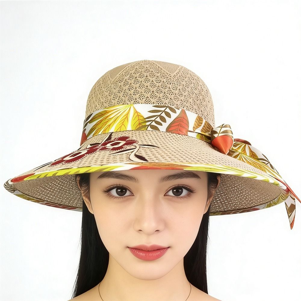Mũ thêu hoa OUSXA vành rộng, dệt kim gấp gọn, phù hợp đi biển chống tia UV