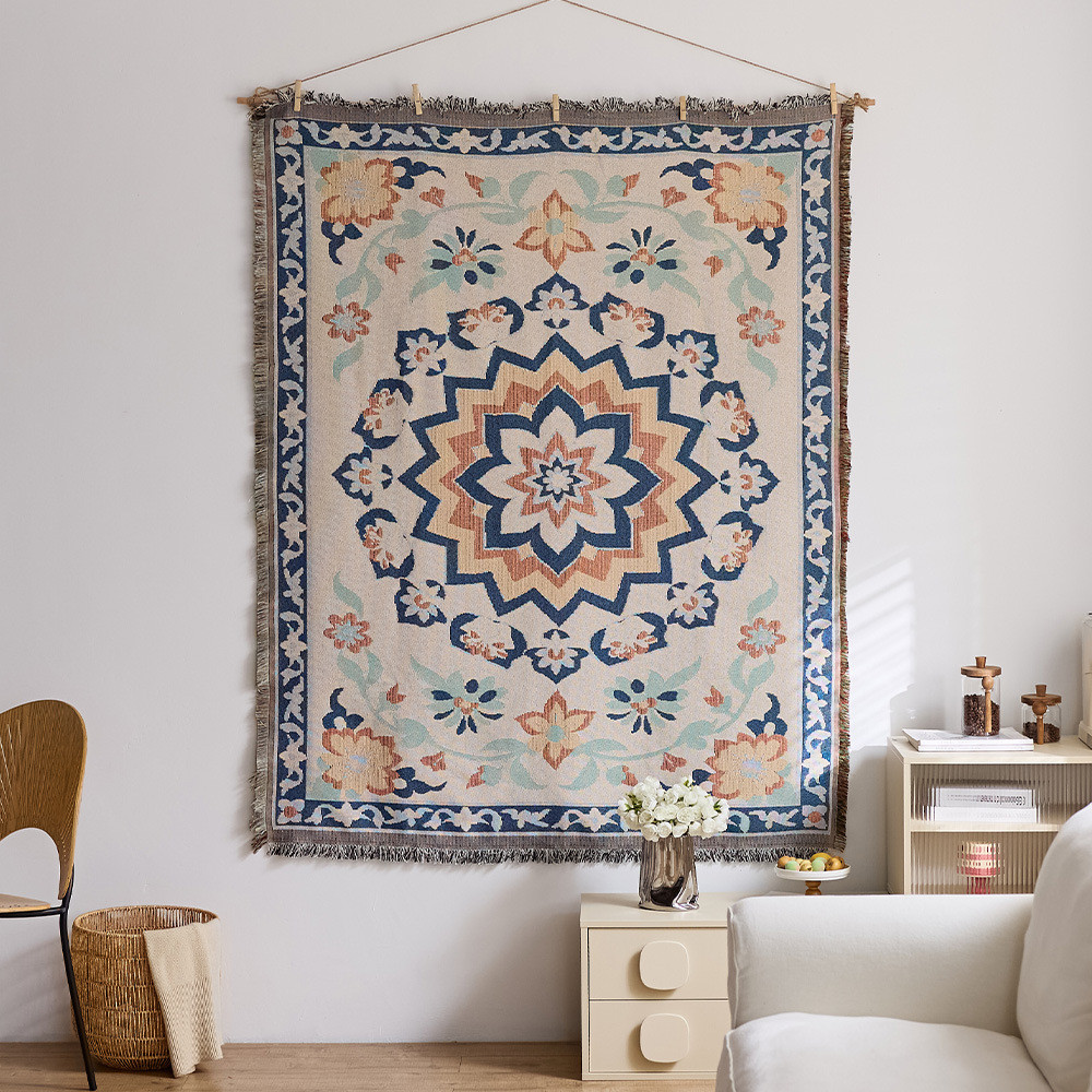 Thảm Treo Tường Boho Mặt Trời Vải Trải Sofa Dệt Thổ Cẩm Tranh Vải Decor Phòng Ngủ Bắc Âu Vintage Có Tua Rua Cao Cấp 180x130cm