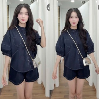Set Áo Tay Bồng Chỉ Nổi Kèm Quần Short Trẻ Trung, Set Đồ Nữ Ngắn kiểu dáng basic Hoadanbistore