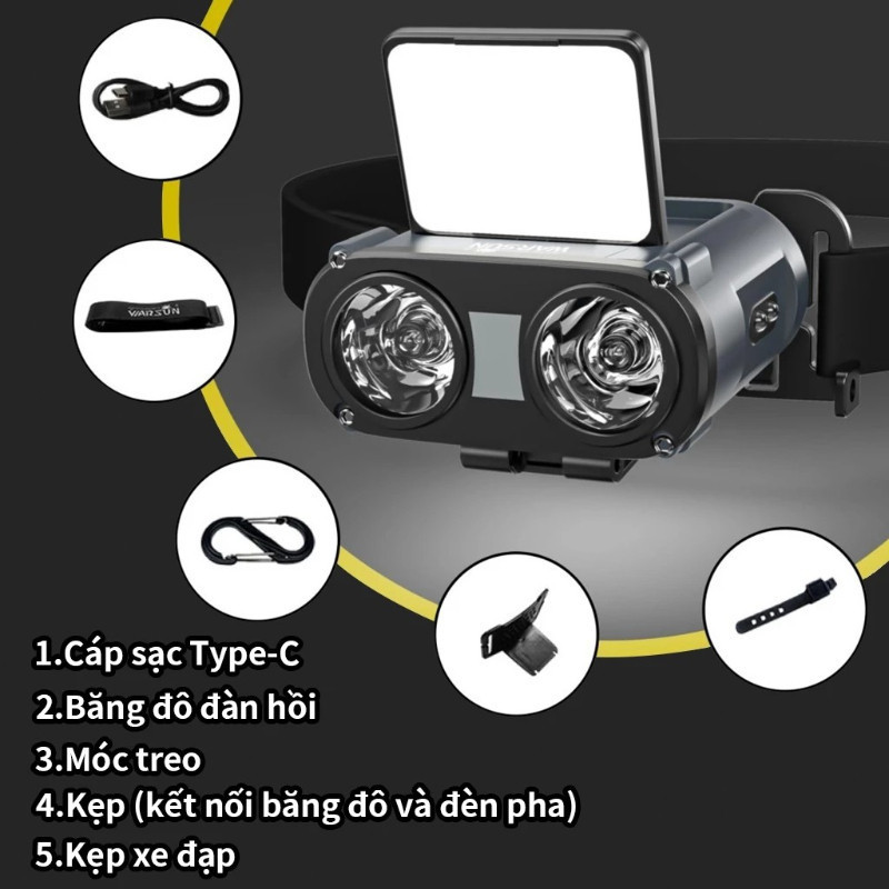 Đèn pin đội đầu siêu sáng 900LM,đèn pha kép chiếu xa 200m,chống nước IPX5,cắm trại,đi phượt,câu đêm