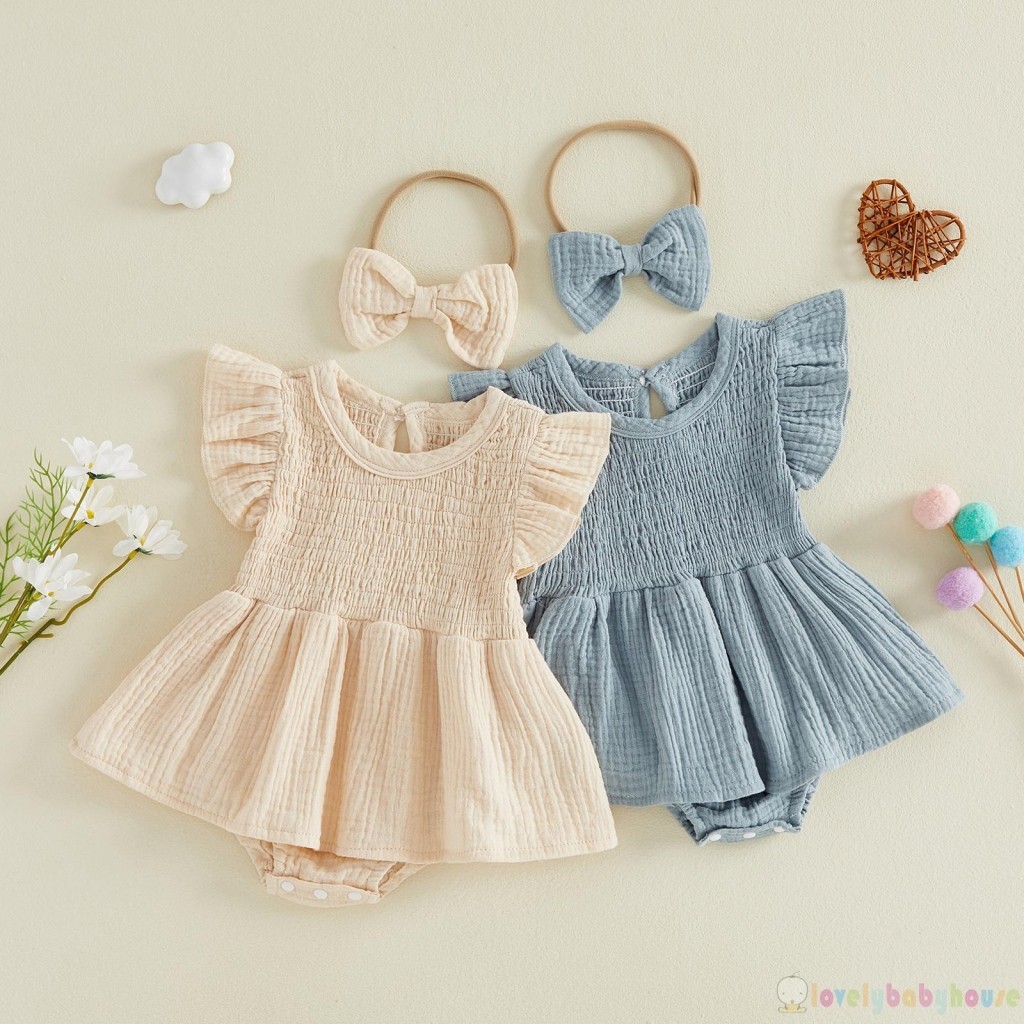 LBH-Baby Girl Mùa Hè Màu Trơn Bay Tay Áo Liền Quần Đầm Nơ Đầu Bộ 2 Mảnh