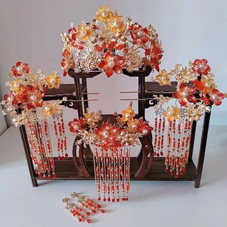 Cao Cấp Vương Miện Phượng Hoàng Glaze Hoa Đỏ - Phụ Kiện Tóc Cưới Retro