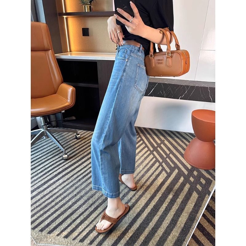 Quần Jean Màu Xanh Cổ Điển Cho Nữ, Thiết Kế Ripped, High Waist, Thẳng Dài Đến Mắt Cá Chân, Hè Mát Lạnh