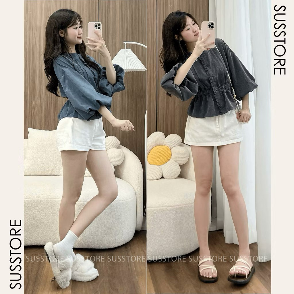 Áo Sơ Mi Xếp Li Trước Cúc Dọc Viền Bèo Chun Eo Tay Bồng A7216