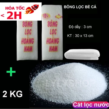 Cát Thạch Anh (2kg) + 2 Bông Lọc Bể Cá 60x13cm - Combo Vật Liệu Lọc Nước Hồ Cá Sạch Trong