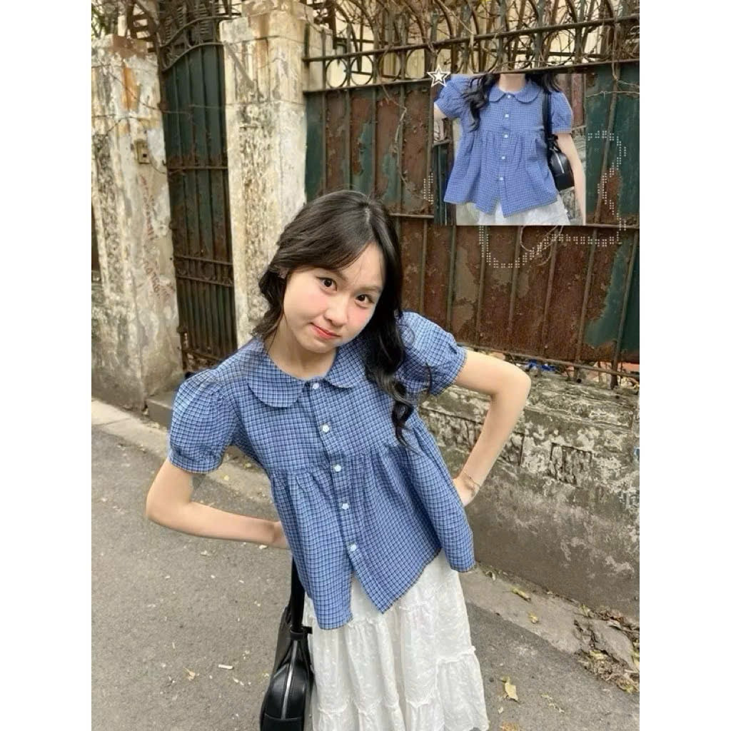 Áo sơ mi babydoll dáng xoè cổ sen chất xô thô siêu xinh đẹp SMR404