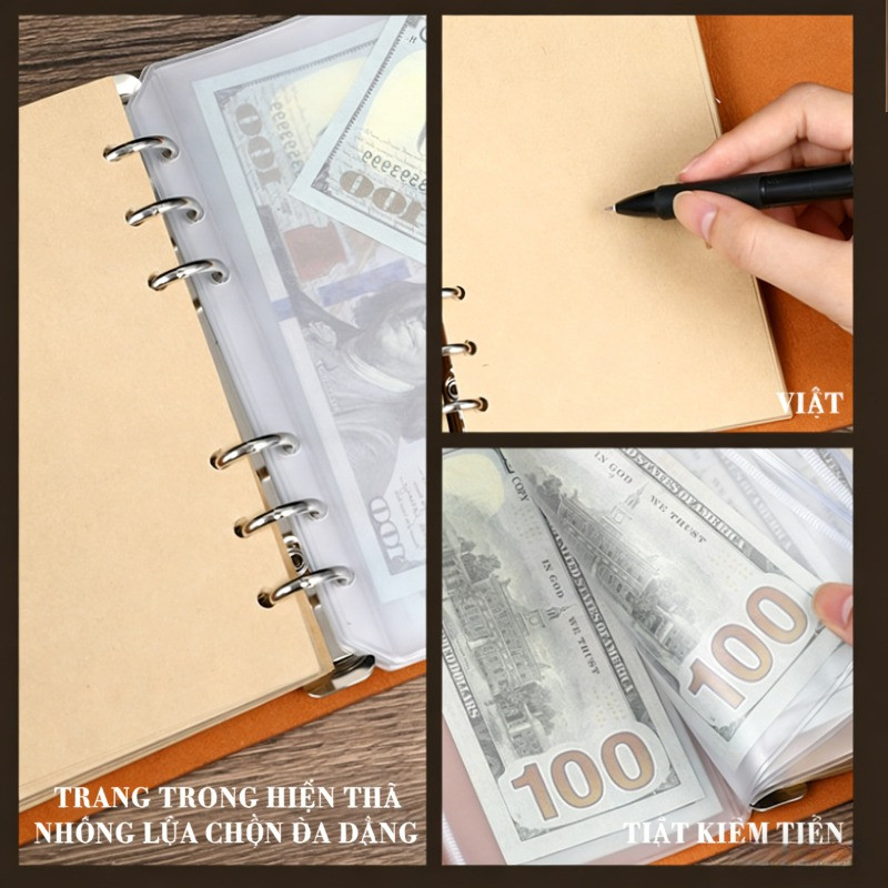 Sổ Tay Vintage Lá Phong Cao Cấp - 80 Trang Ruột + 5 Túi Đựng Tiền, Bìa Simili Da Bò, Ruột Rời Tiện Lợi
