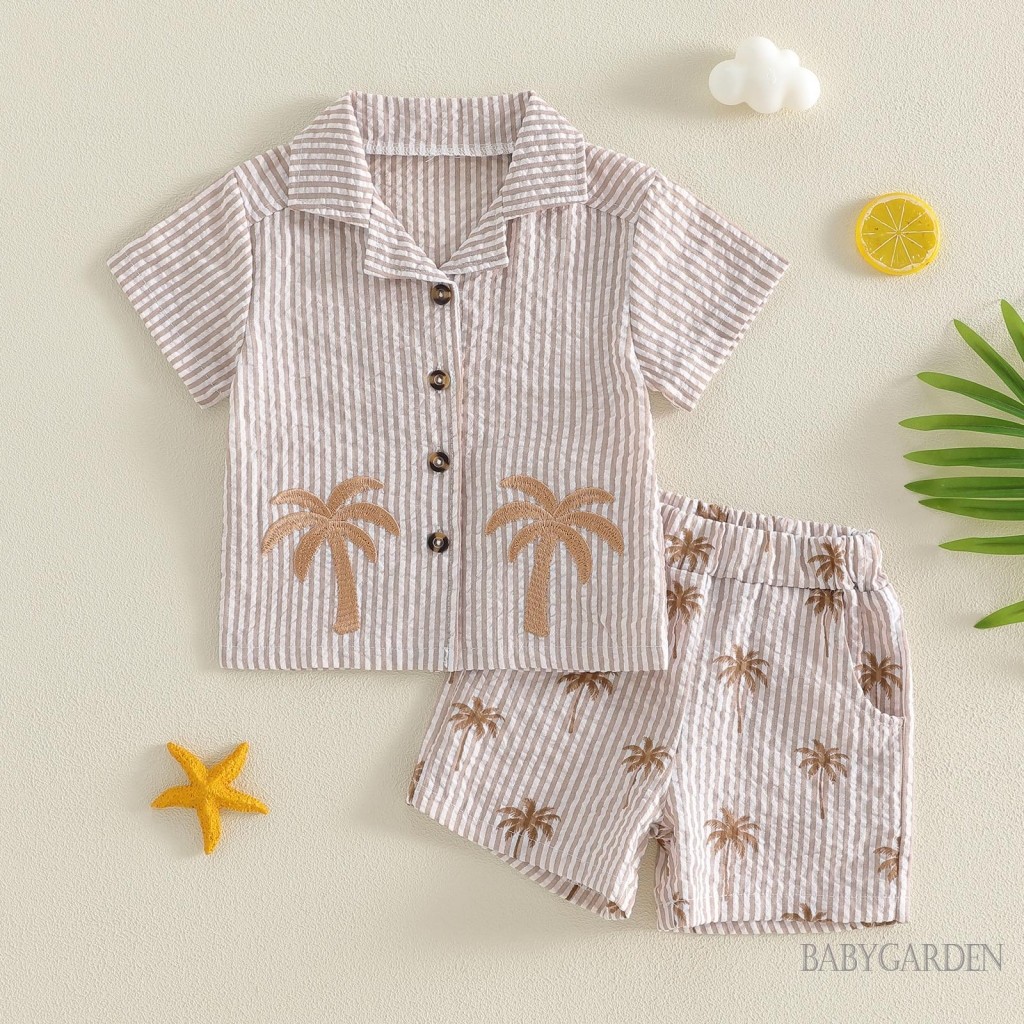 Tập Đi Bé Trai Trang Phục Mùa Hè Dễ Thương Sọc Cây Dừa Thêu Áo Sơ Mi Tay Ngắn Có Quần Short Bộ 2 Chiếc