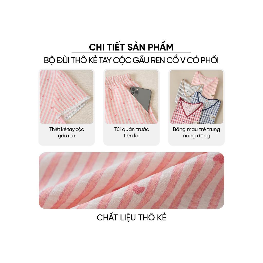 Bộ đồ nữ CARDINA chất liệu thô kẻ tay côc gấu ren và quần đùi cạp chun 6BDN01