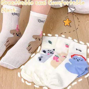 Tất lưới thoáng khí cho nữ bé gái, thiết kế mũi liền mạch, họa tiết hoạt hình Nhật Bản và 4 mẫu động vật từ vải polyester mềm.