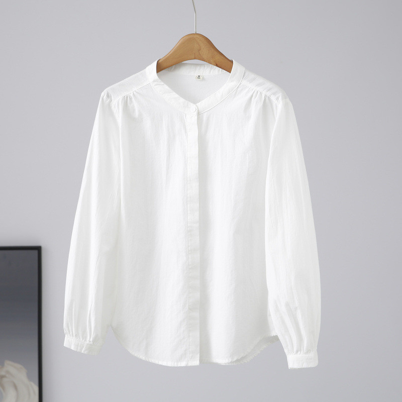 Áo sơ mi nữ trắng trơn cotton, cổ tròn, dễ giặt, phù hợp mùa xuân