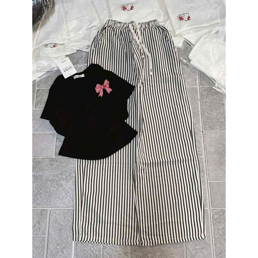 sét bộ quần dài kẻ vằn đũi xốp siêu xinh+mix áo Croptop hình nơ caro đỏ in ng ự c chất tăm-chang3158