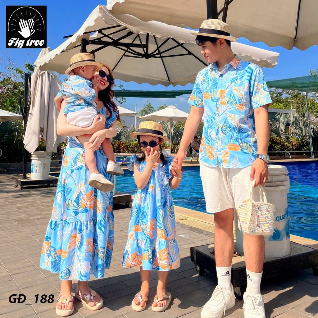 Đồ Gia Đình FIG TREE Họa Tiết Lá Xanh Da Trời Dành Cho Gia Đình Đi Biển, Du Lịch, Picnic, MS 188