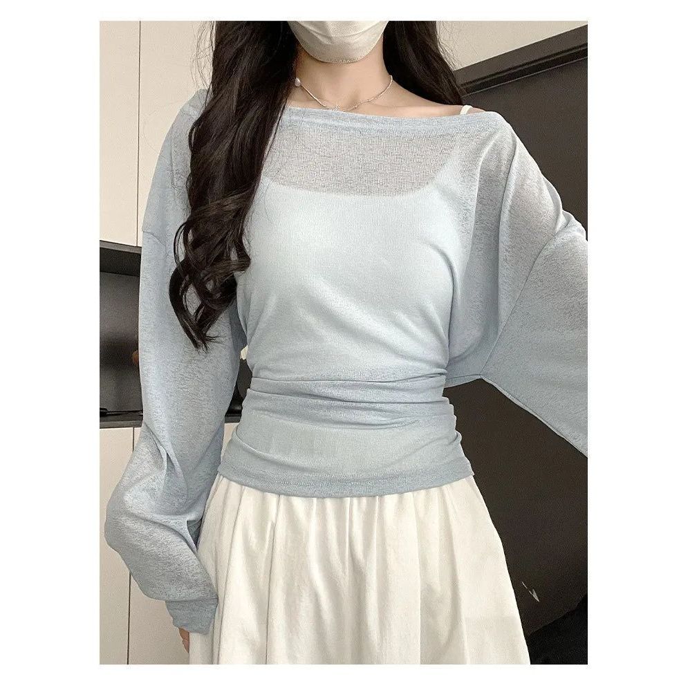 áo lưới dài tay Áo phông thoáng mát mùa hè, dây thắt eo, dáng slim-fit