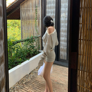 Nova-Sét áo SỌC tay dài kèm quần đùi lưng thun chất thun borip dày dặn