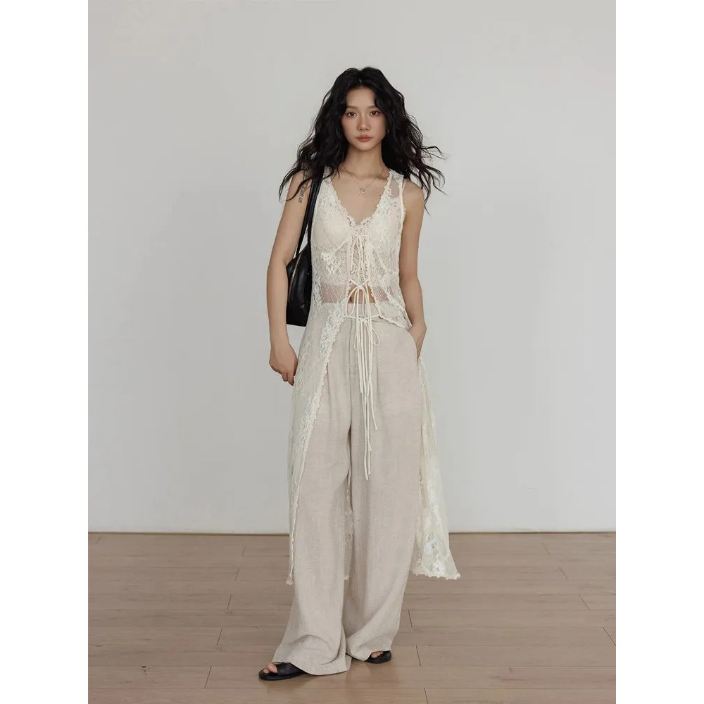 Milyfashion Ren Dài Sau Đầm Mùa Xuân Phong Cách Mới Lớp Tất Cả Trận Đấu Phối Ren Cardigan Du Lịch Kỳ Nghỉ