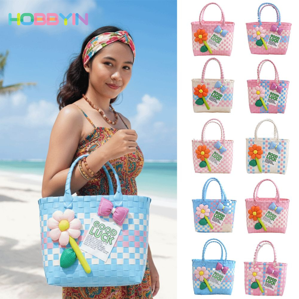 HOBBYIN Túi đi biển HOBBYIN, Túi xách dệt bằng nhựa trang trí hoa, Túi đeo chéo nhẹ đa năng màu Dopamine dung tích lớn cho bãi biển mùa hè