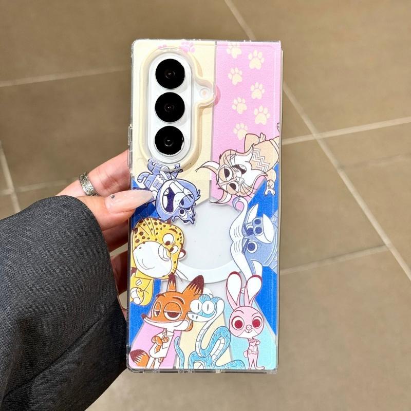 Ốp điện thoại từ tính hình tròn động vật dễ thương Thích hợp cho Samsung Galaxy ZFold7 zfold6 Vỏ cứng gấp dây buộc cho Z Fold 7 6 5 4 3 5G Vỏ bảo vệ