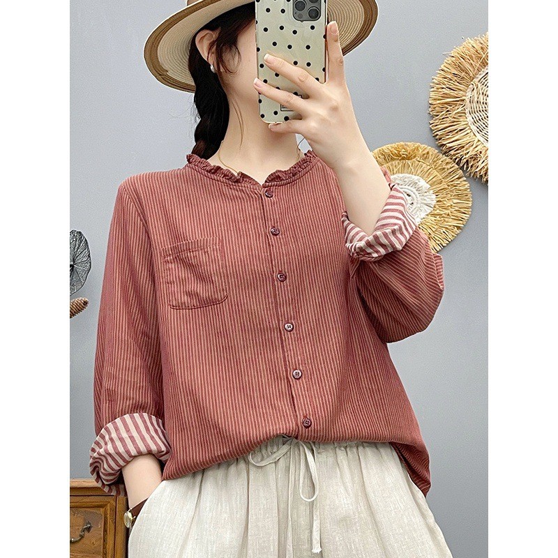 Áo sơ mi nữ cotton kẻ caro, dáng rộng cổ tim, thoải mái cho mùa xuân