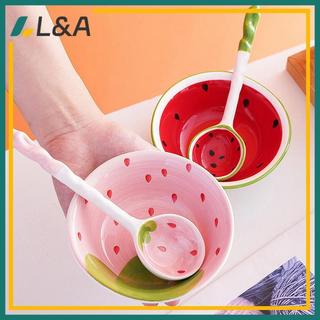 L & A Bát gốm hình dưa hấu kèm thìa, dùng cho ngũ cốc, ramen, canh, hoa văn trái cây