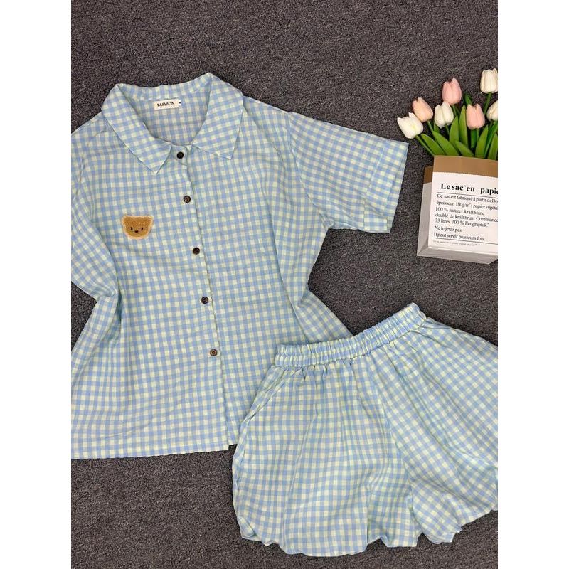 Set pijama đũi caro bigsize tay ngắn quần đùi bí mặc ngủ mát  xinh xắn dễ thương ESHOP Đồ Bộ Nữ Mặc Nhà MS510