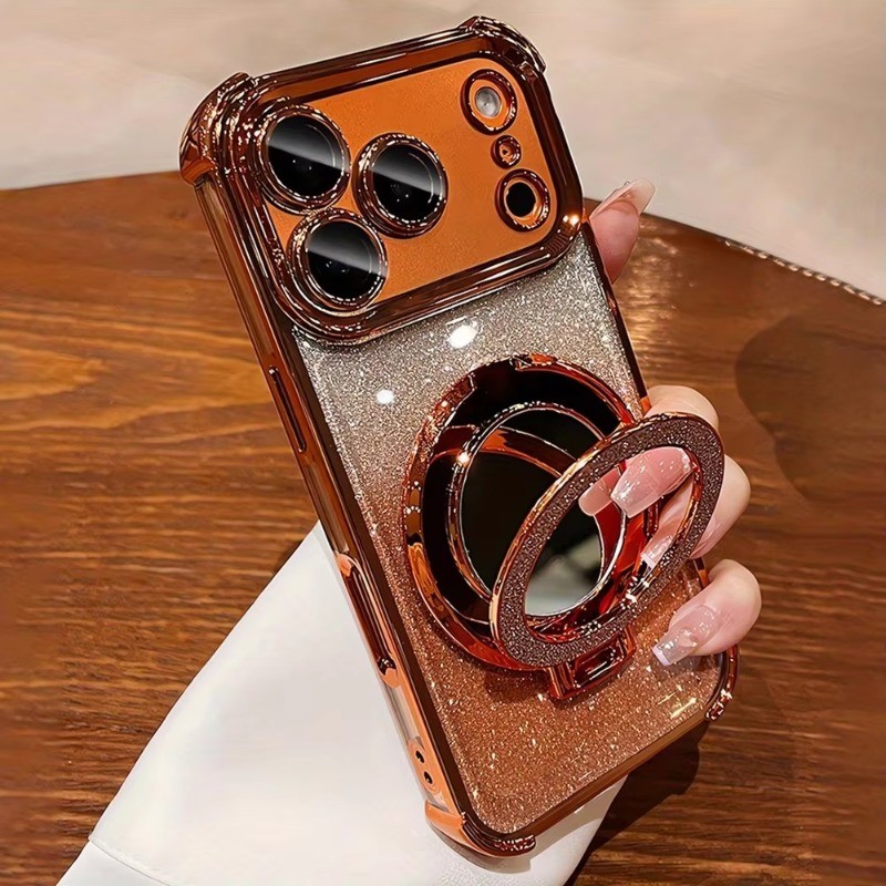 Ốp điện thoại từ tính chống sốc bốn góc mạ sang trọng cho iPhone 17 16 15 14 13 12 11 Pro Max Plus Air Glitter Holder Stand Cover
