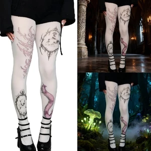 MỘT Gothic Quần Legging Nữ Thời Trang Thẩm Mỹ Nhật Bản Whimsy Dễ Thương Họa Tiết Trắng Opaque Quần Stockin