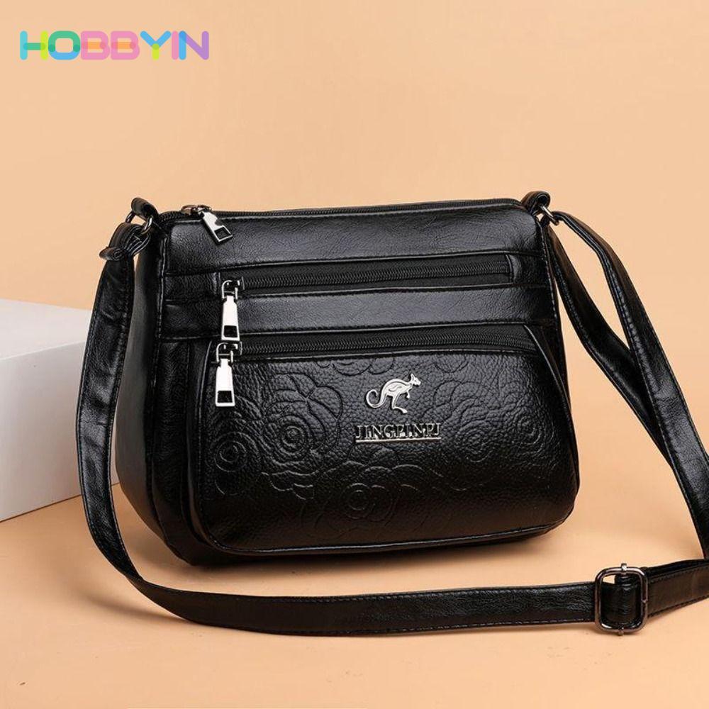 HOBBYIN Túi đựng mẹ trung niên HOBBYIN, Túi đựng rau củ mua dung tích lớn màu đen, Túi đeo vai bằng da PU nhiều lớp thanh lịch dành cho nữ